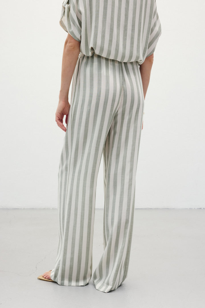 Sateen Pantalon en Lin Rayé Mélangé - Kaki