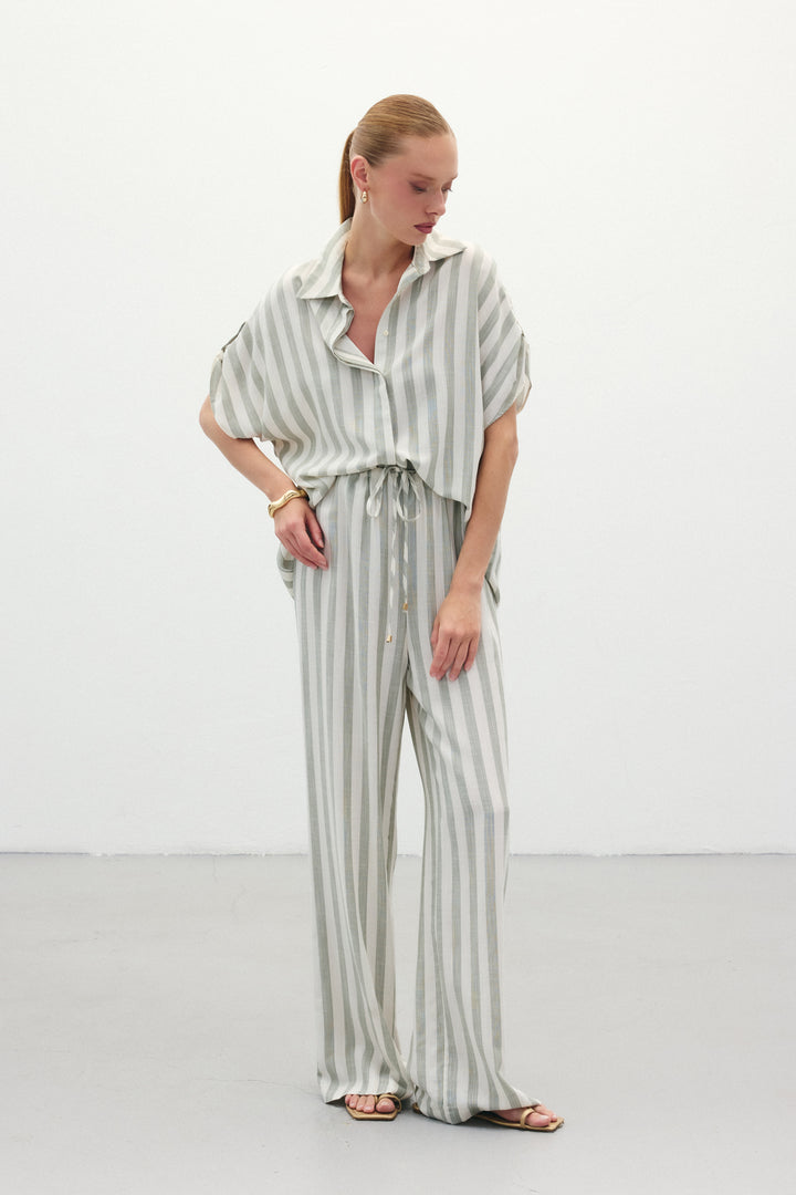 Sateen Pantalon en Lin Rayé Mélangé - Kaki
