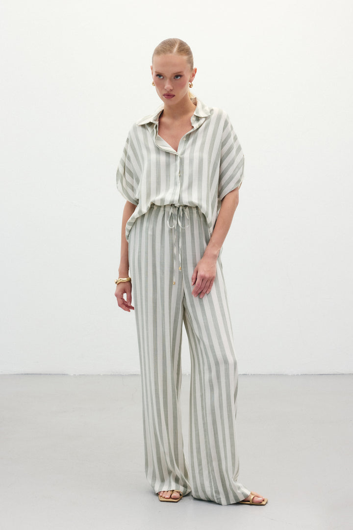Sateen Pantalon en Lin Rayé Mélangé - Kaki