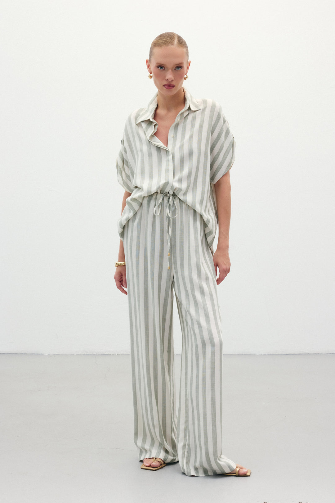 Sateen Pantalon en Lin Rayé Mélangé - Kaki