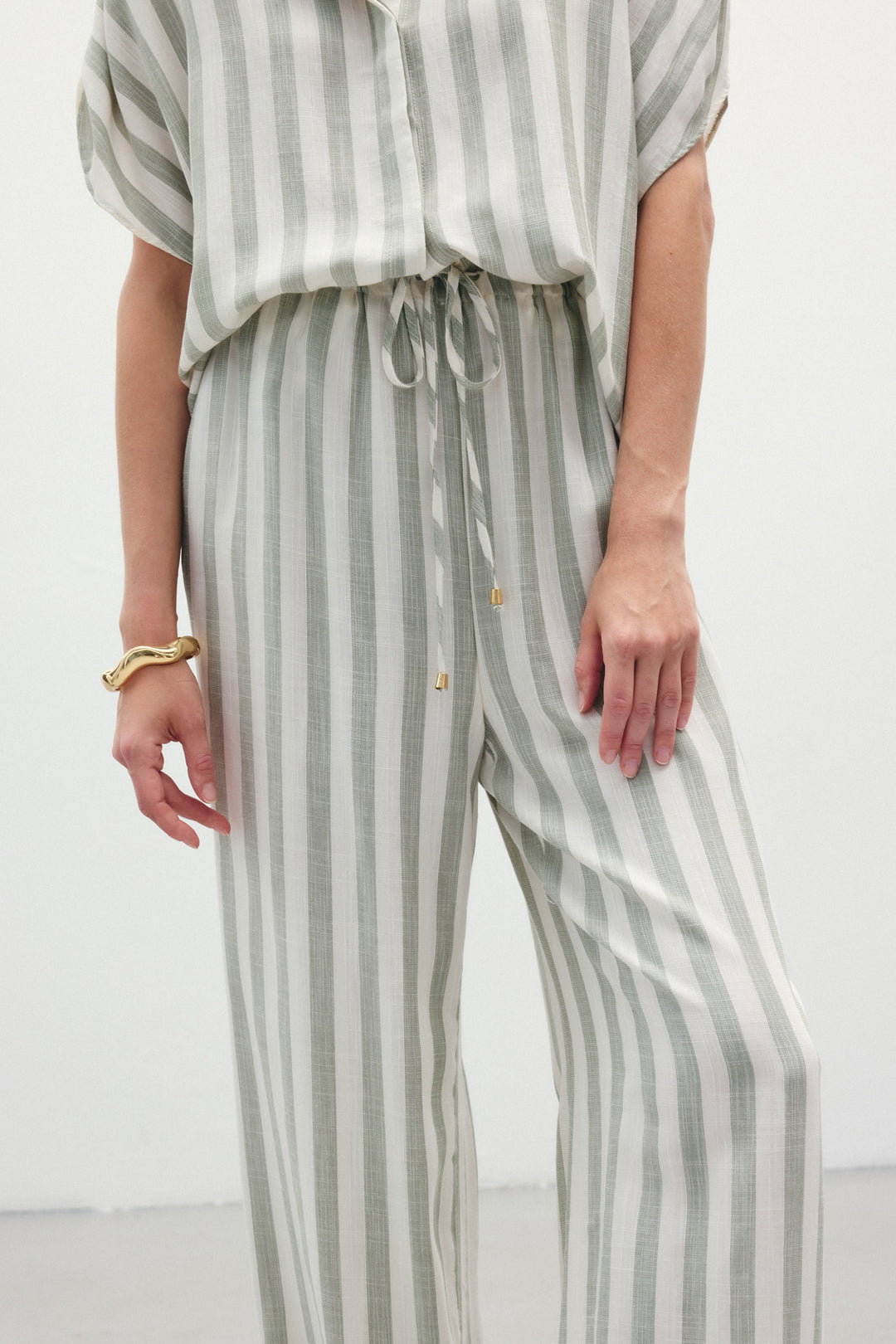 Sateen Pantalon en Lin Rayé Mélangé - Kaki