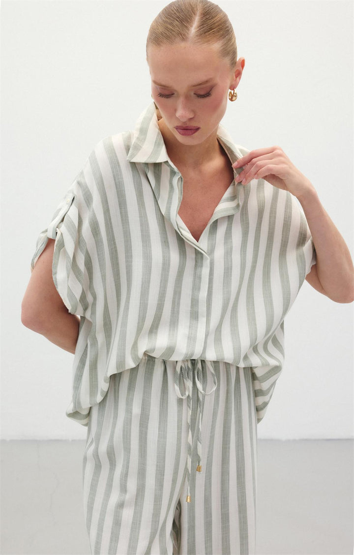 Sateen Chemise à Manches Courtes Rayée - Kaki