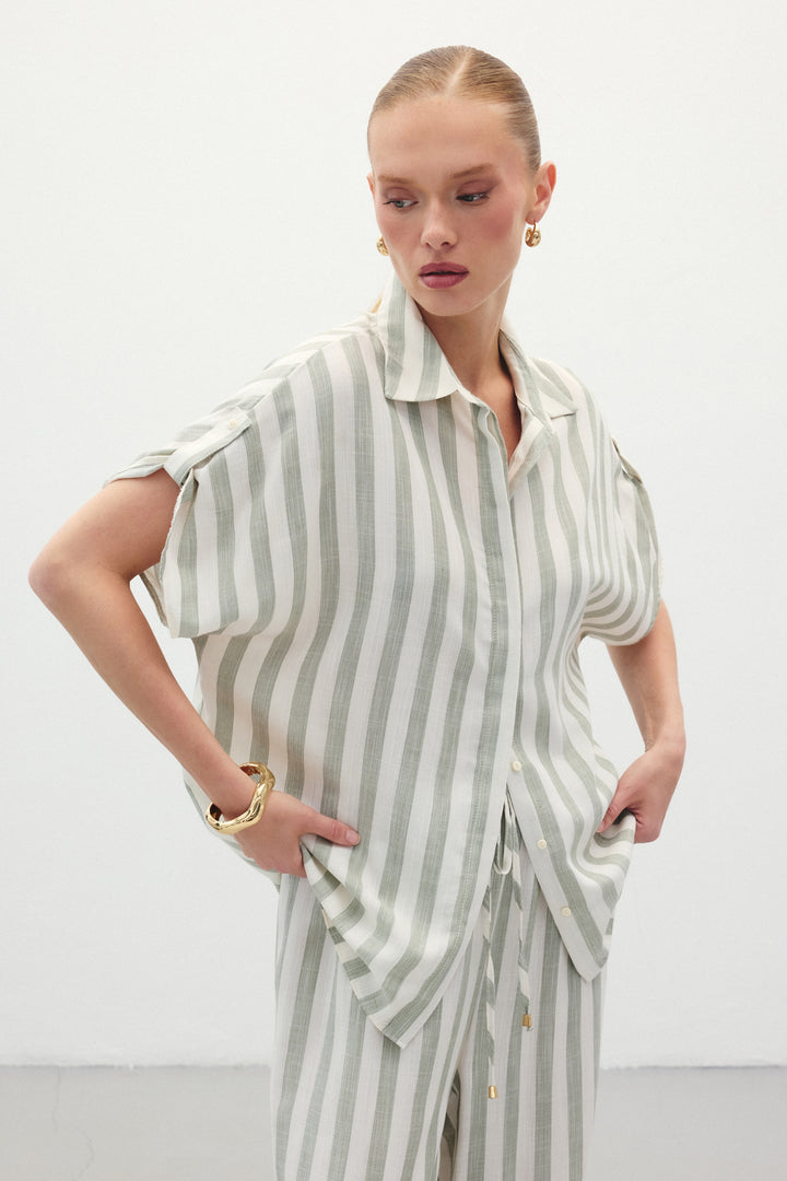 Sateen Chemise à Manches Courtes Rayée - Kaki