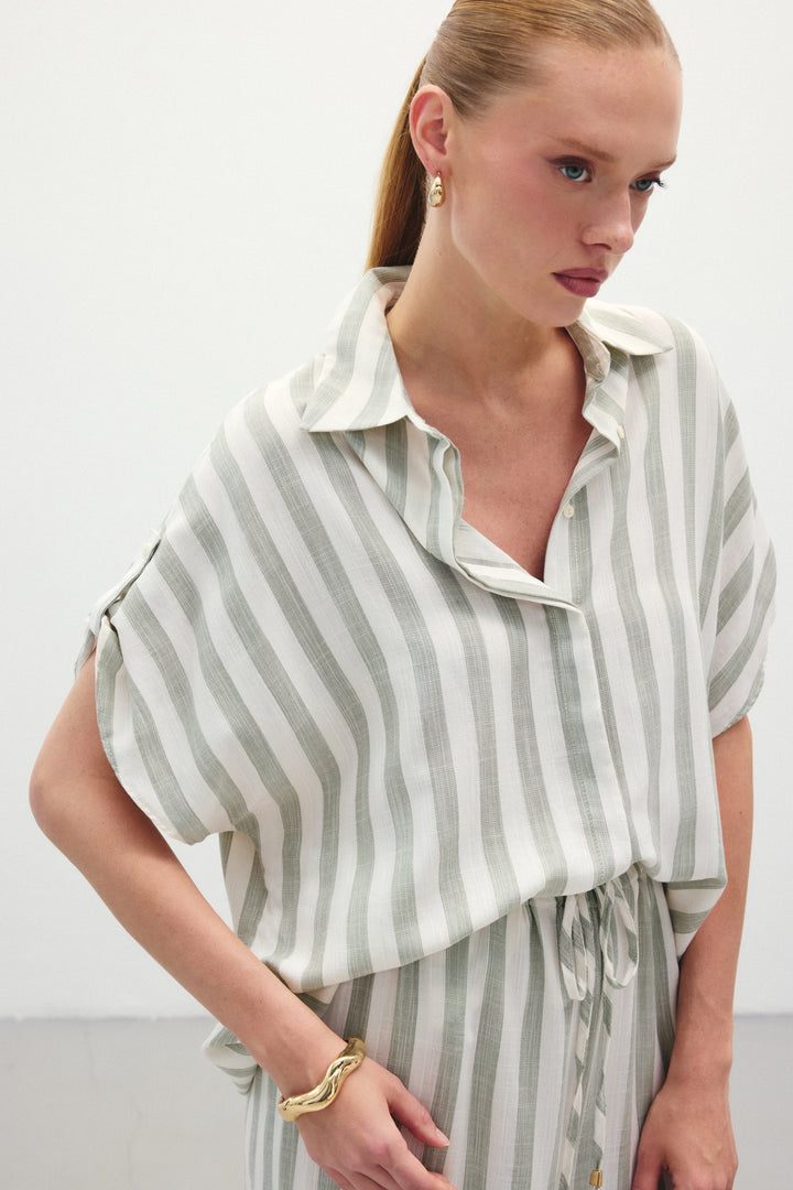 Sateen Chemise à Manches Courtes Rayée - Kaki