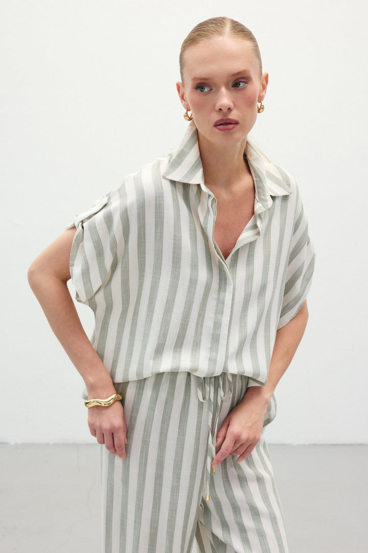 Sateen Chemise à Manches Courtes Rayée - Kaki