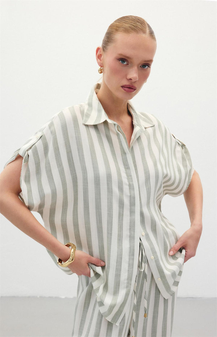 Sateen Chemise à Manches Courtes Rayée - Kaki