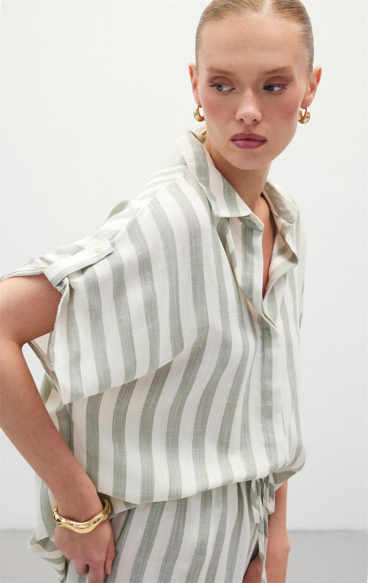 Sateen Chemise à Manches Courtes Rayée - Kaki