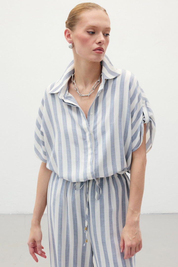 Sateen Chemise à Manches Courtes Rayée - Bleu marine