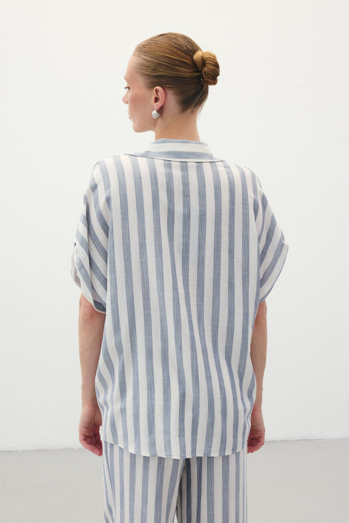 Sateen Chemise à Manches Courtes Rayée - Bleu marine