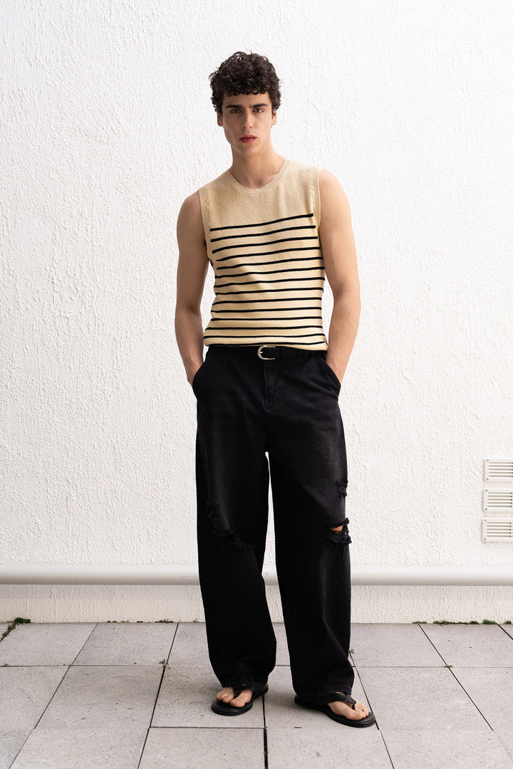 Giesto T-Shirt Beige Sans Manches en Tricot Rayé - Beige