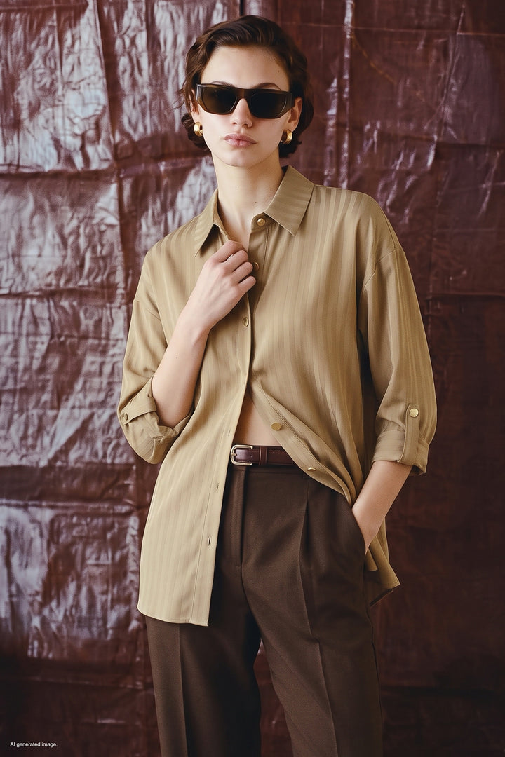 Sateen Chemise à manches retroussées à rayures - Beige