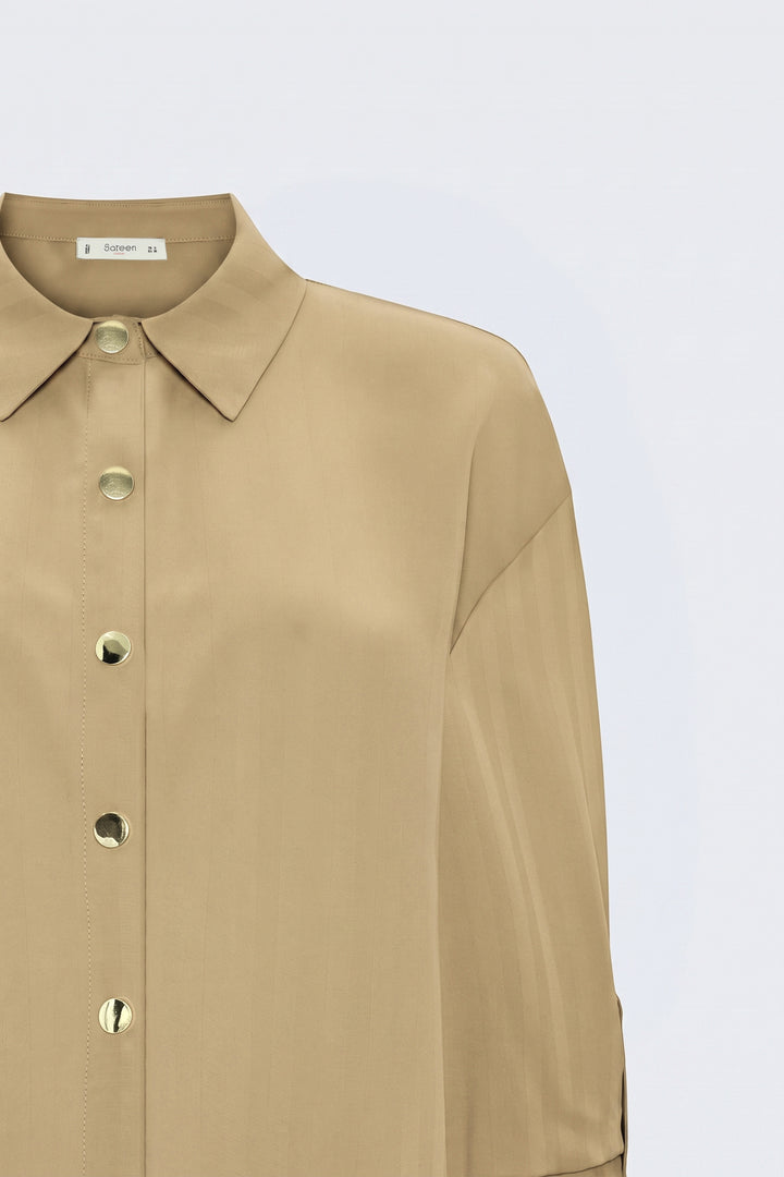 Sateen Chemise à manches retroussées à rayures - Beige