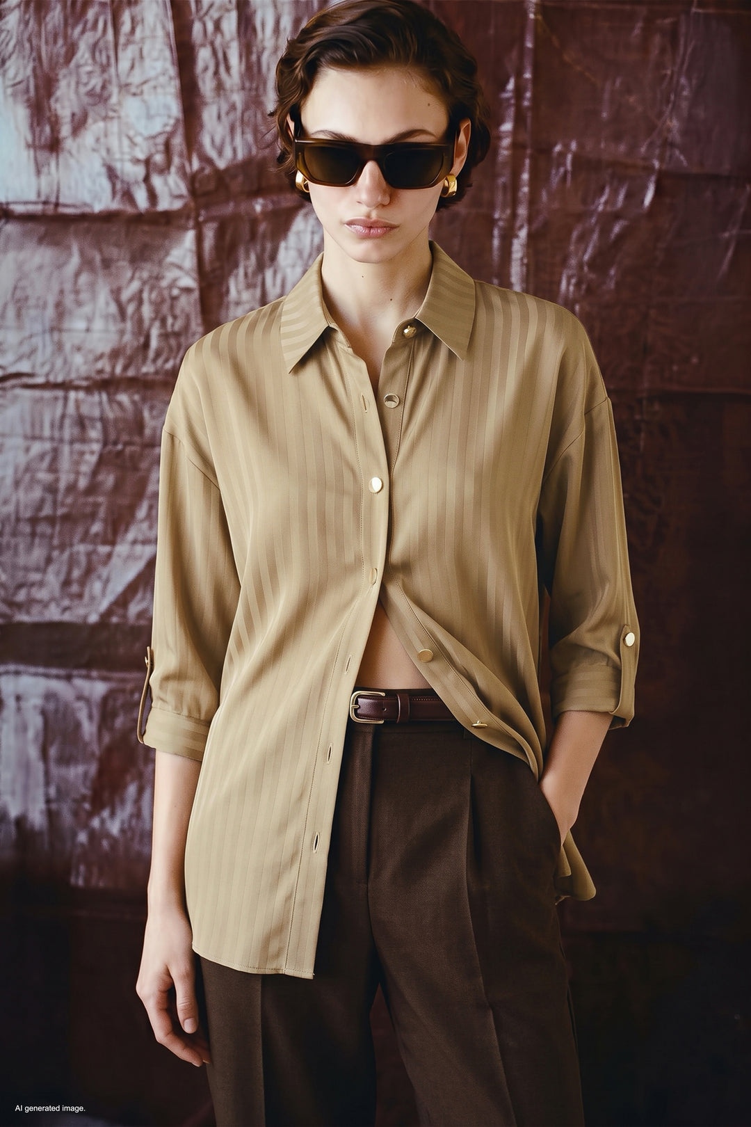 Sateen Chemise à manches retroussées à rayures - Beige