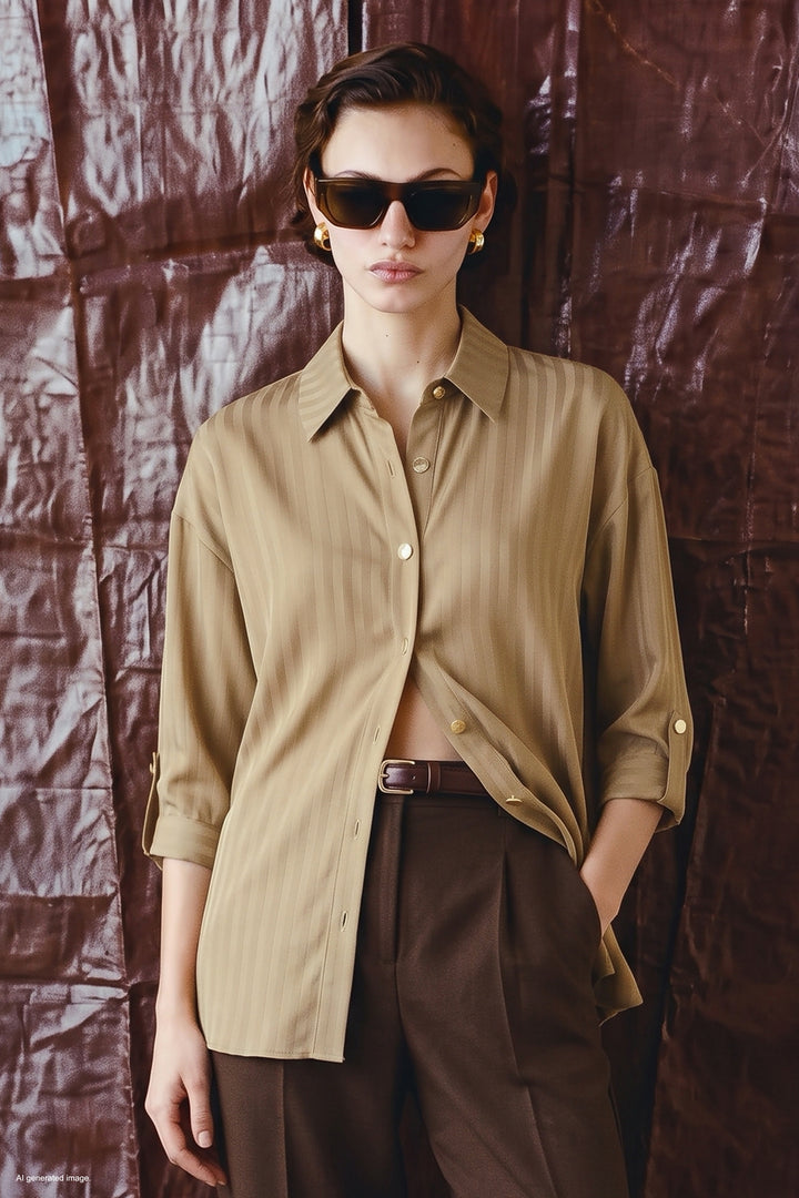 Sateen Chemise à manches retroussées à rayures - Beige