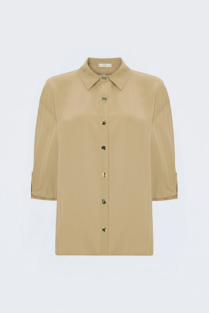 Sateen Chemise à manches retroussées à rayures - Beige