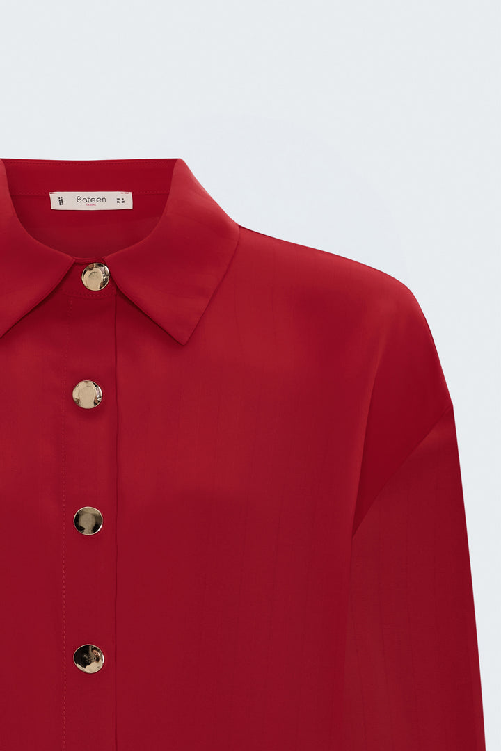 Sateen Chemise à manches retroussées à rayures - Rouge