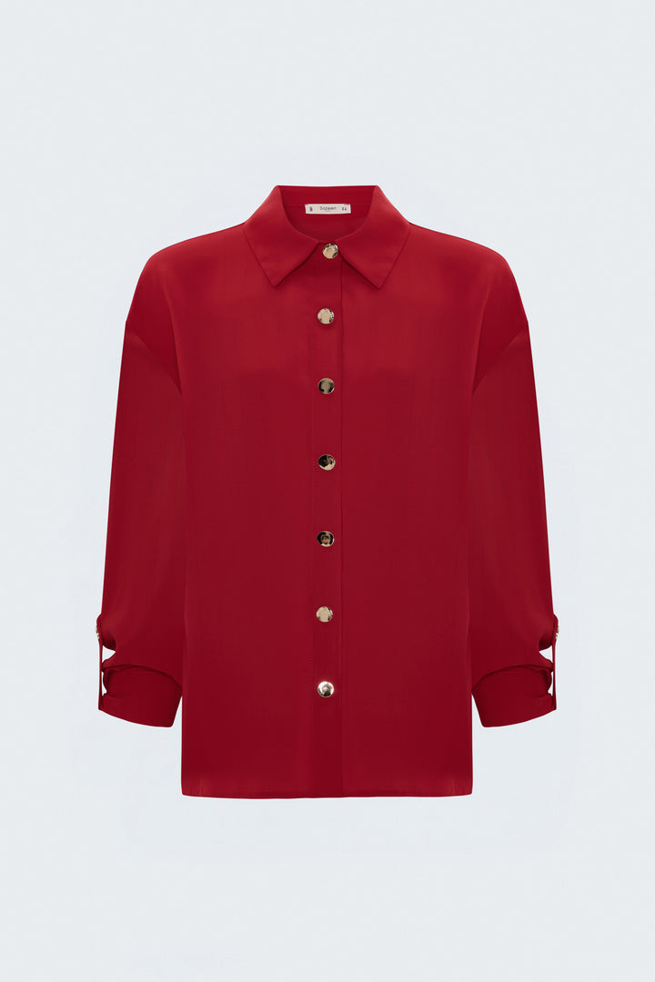 Sateen Chemise à manches retroussées à rayures - Rouge