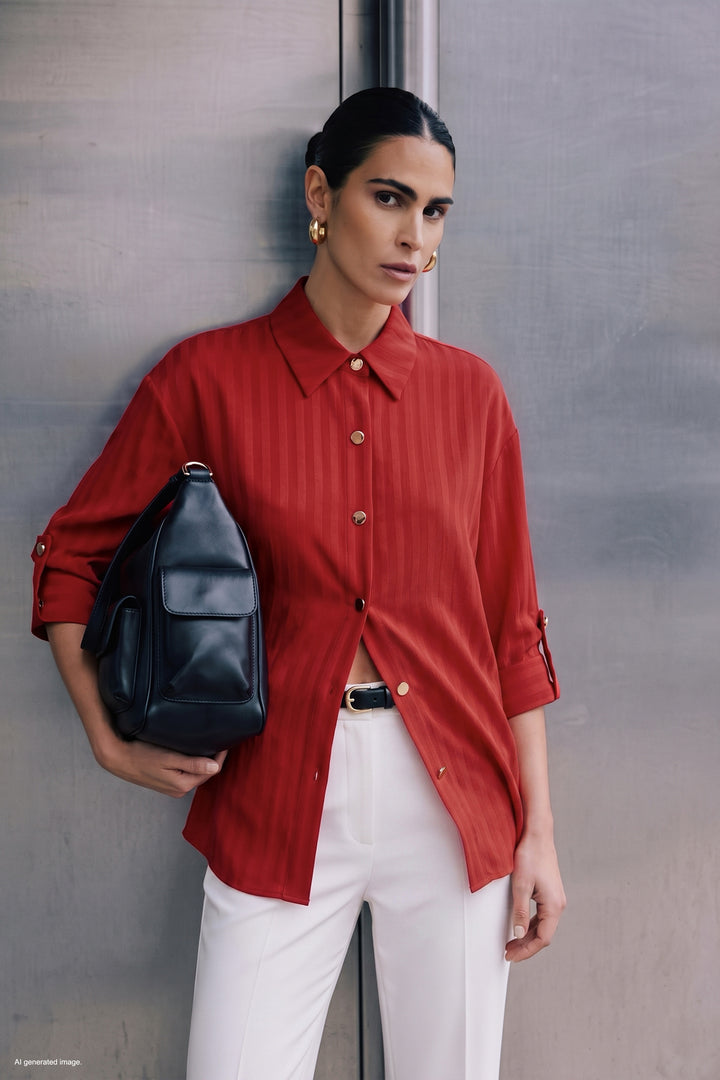 Sateen Chemise à manches retroussées à rayures - Rouge