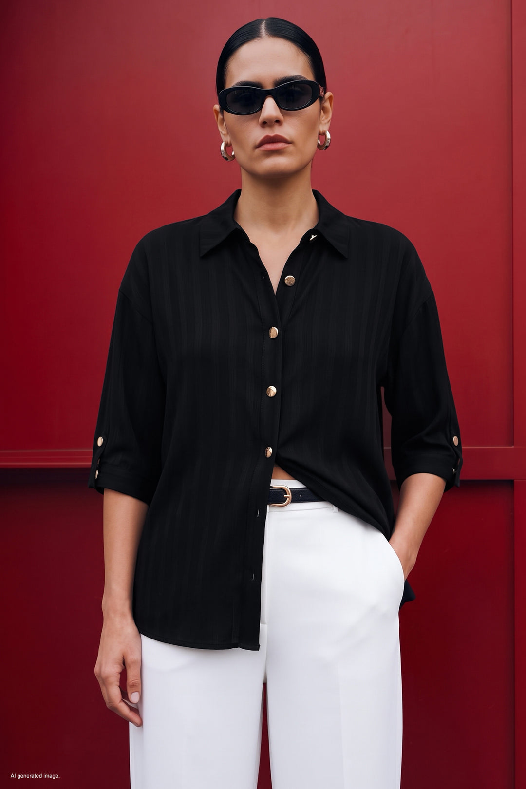 Sateen Chemise à manches retroussées à rayures - Noir