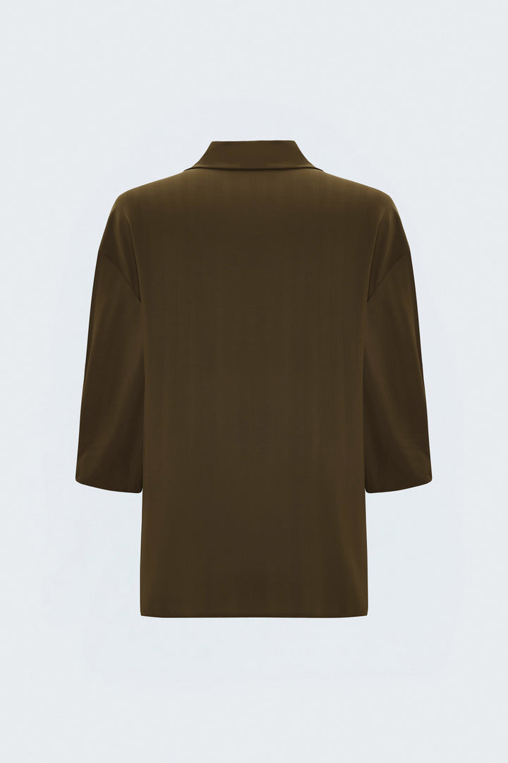 Sateen Chemise à Rayures avec Détails de Repli aux Manches - Crème Marron