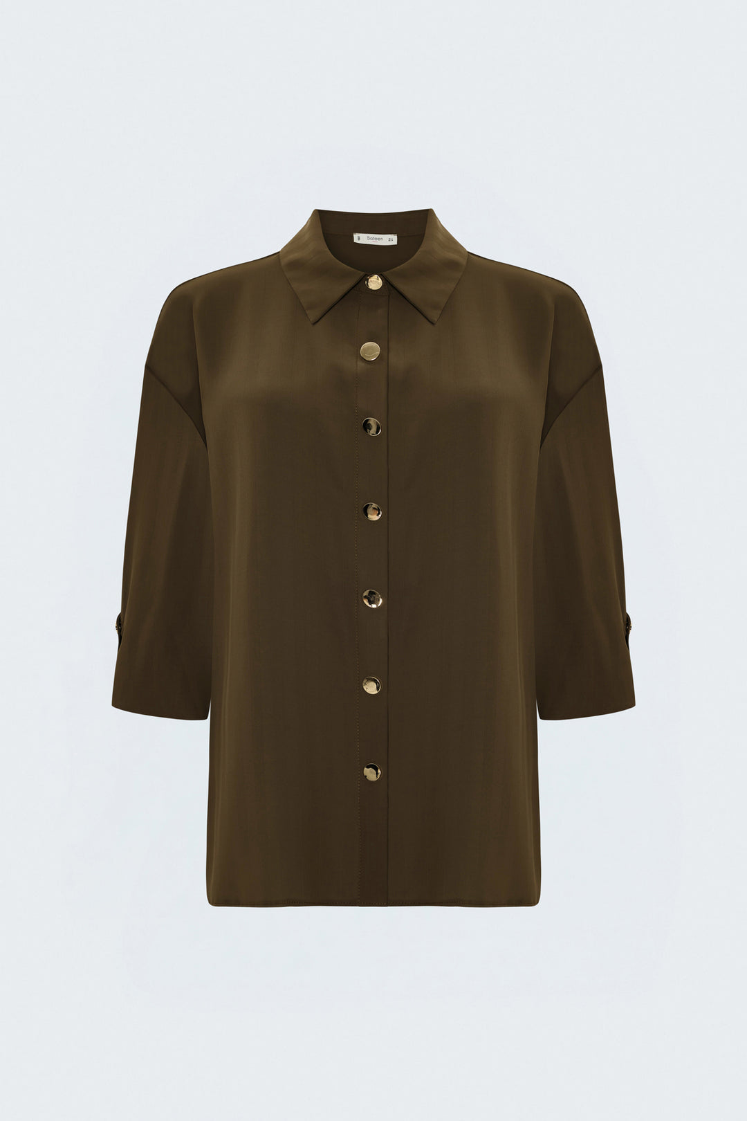 Sateen Chemise à Rayures avec Détails de Repli aux Manches - Crème Marron
