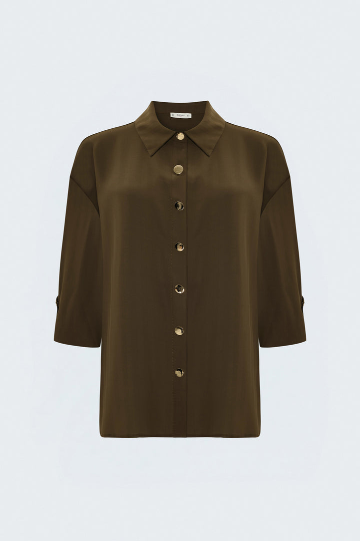 Sateen Chemise à Rayures avec Détails de Repli aux Manches - Crème Marron