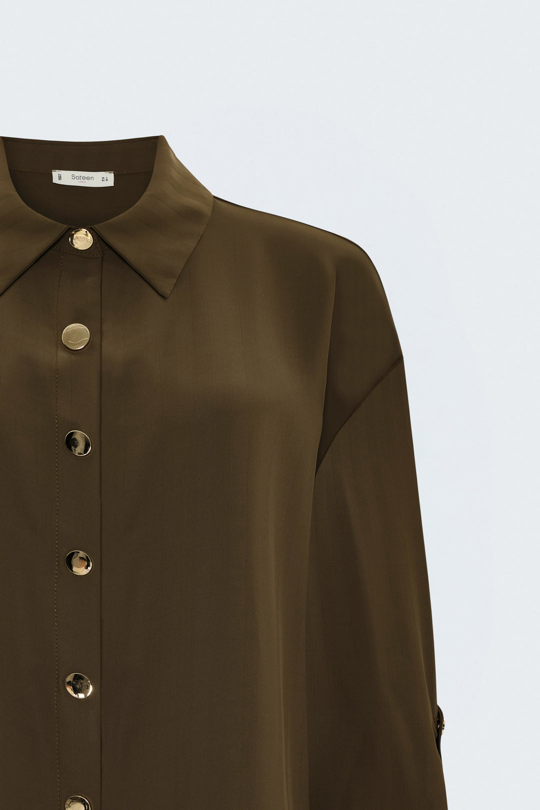 Sateen Chemise à Rayures avec Détails de Repli aux Manches - Crème Marron