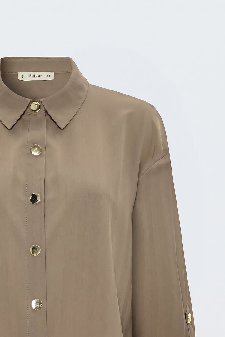 Sateen Chemise à Rayures avec Détails de Repli aux Manches - Pierre