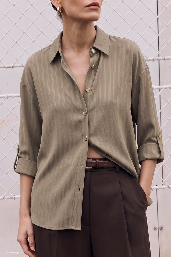 Sateen Chemise à Rayures avec Détails de Repli aux Manches - Pierre