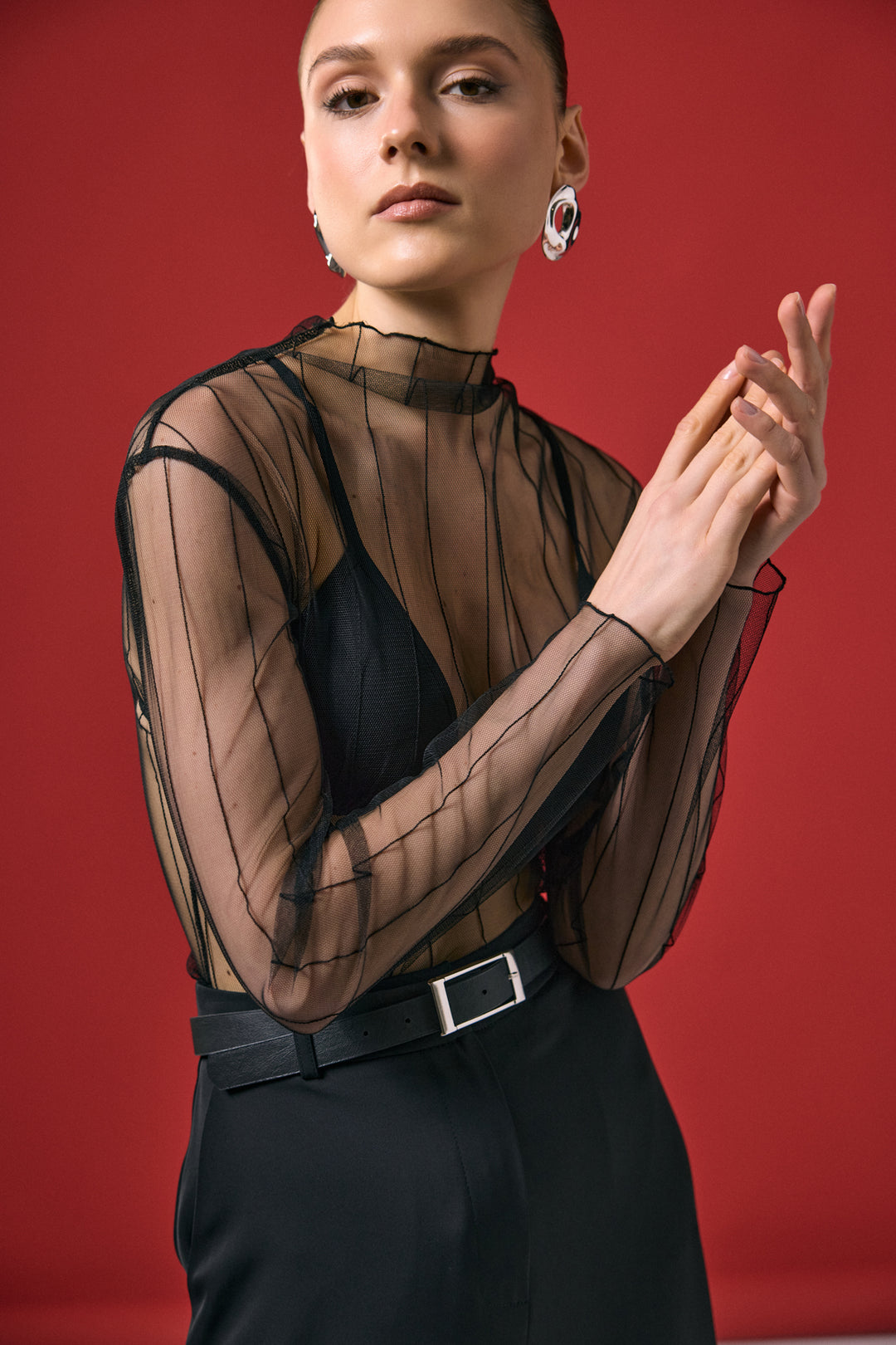 Sateen Blouse Transparente Rayée - Noir