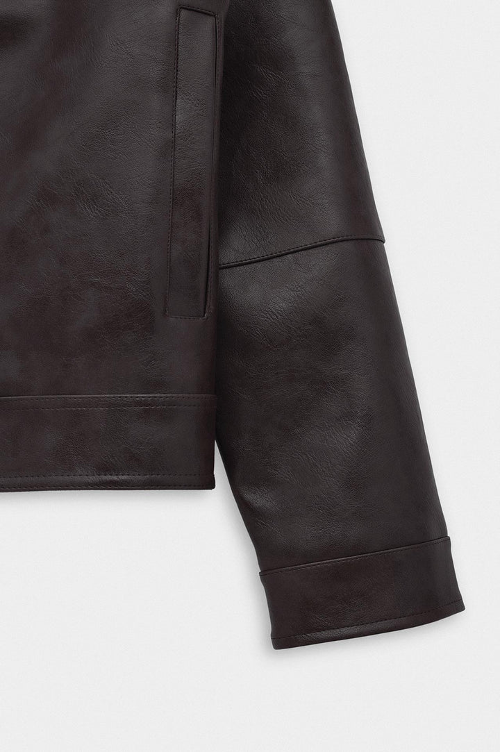 Giesto Veste en cuir marron avec accessoires à coupe courte - Marron