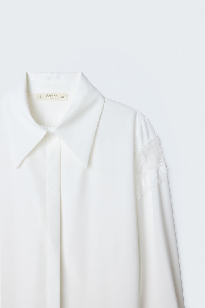 Sateen Chemisier à Détails en Dentelle - Écru