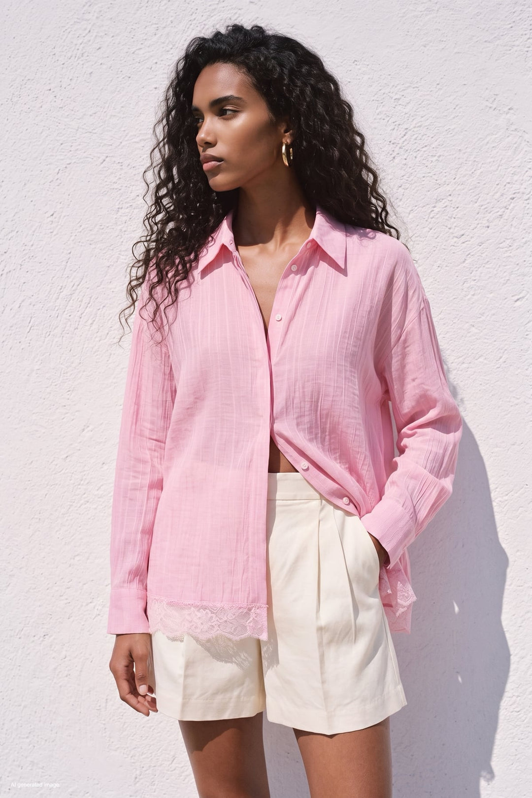 Sateen Chemisier avec détails en dentelle - Rose