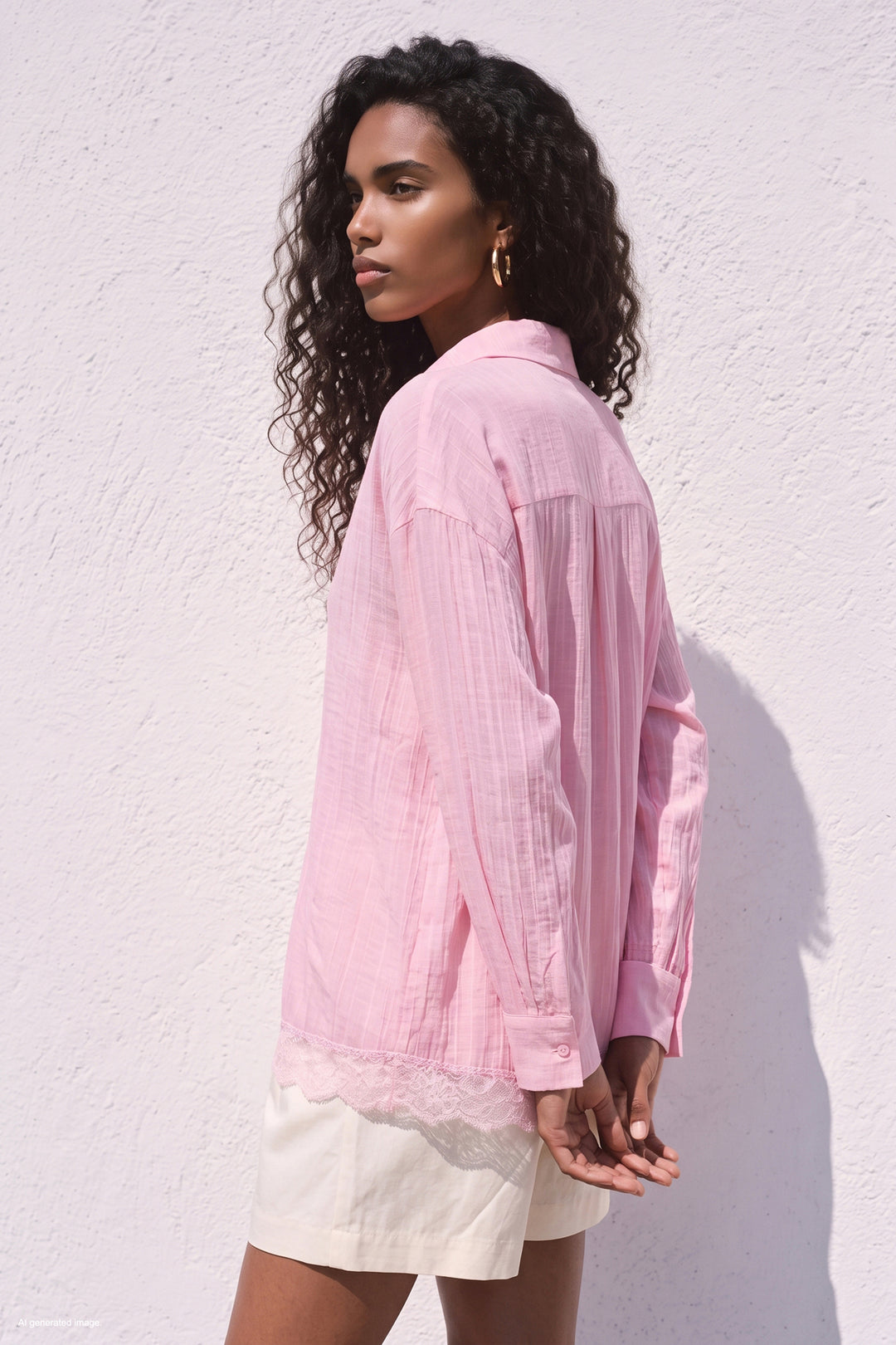 Sateen Chemisier avec détails en dentelle - Rose