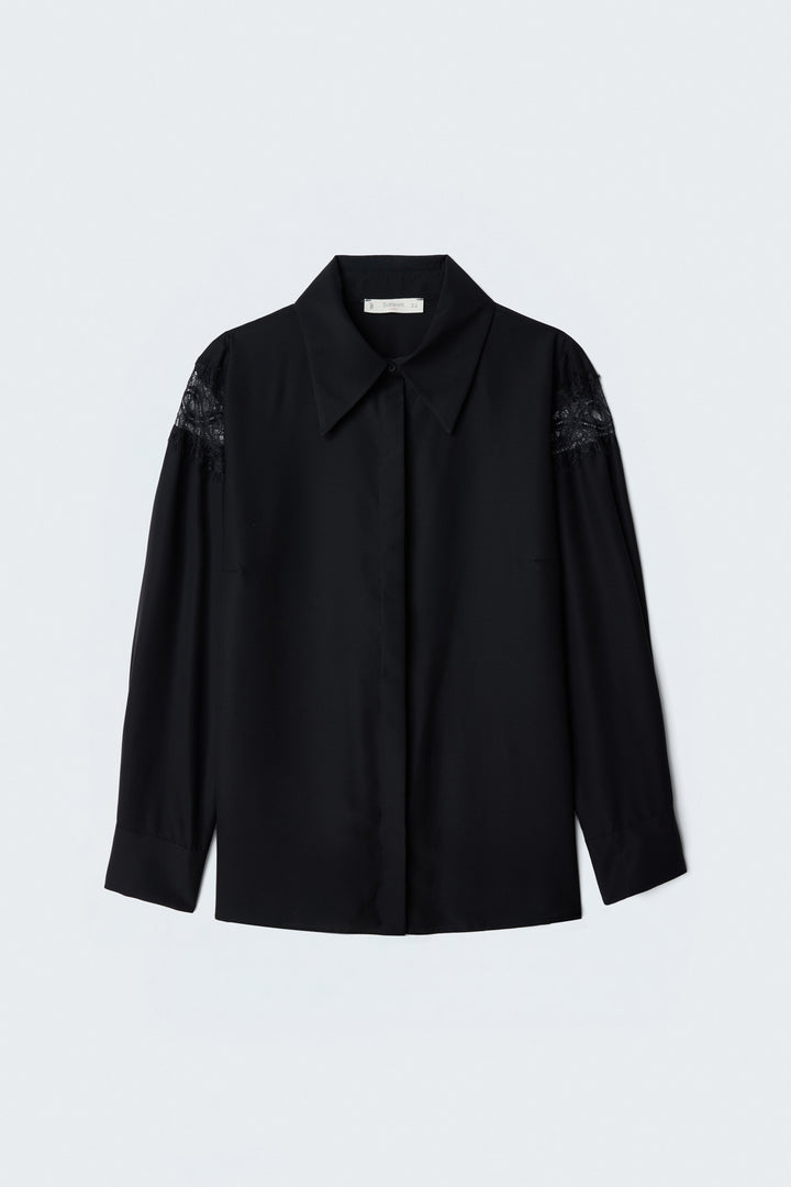 Sateen Chemisier à Détails en Dentelle - Noir