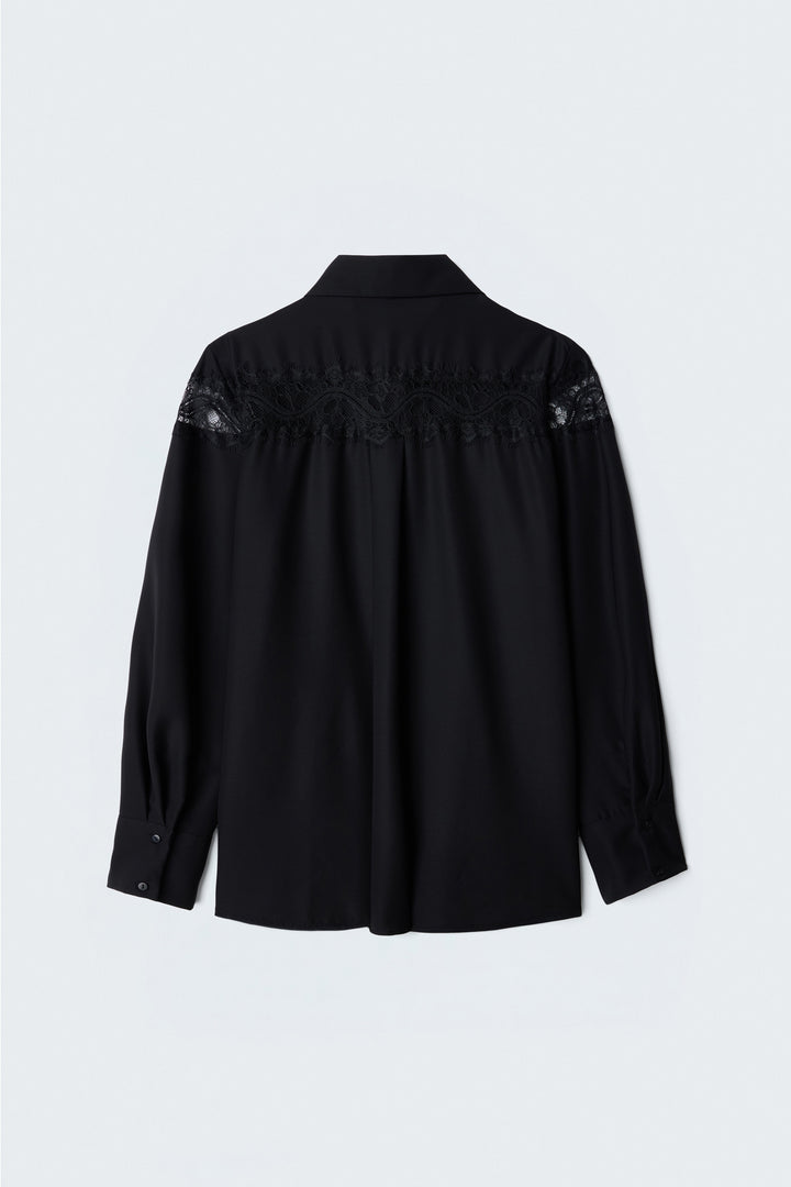 Sateen Chemisier à Détails en Dentelle - Noir