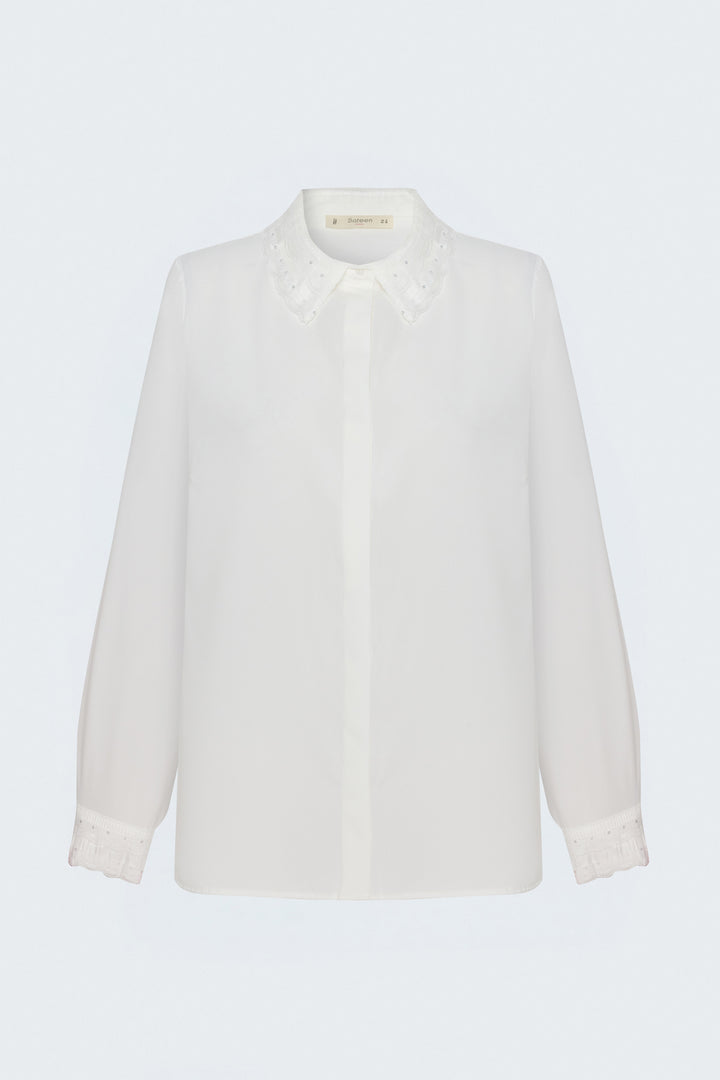 Sateen Chemise classique avec détail de dentelle - Écru