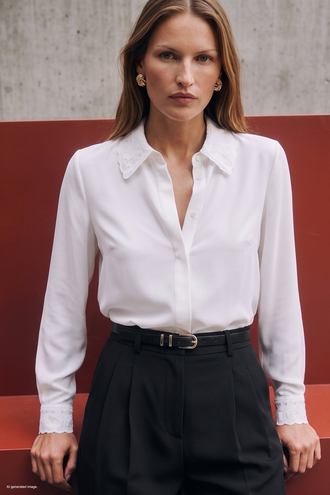 Sateen Chemise classique avec détail de dentelle - Écru