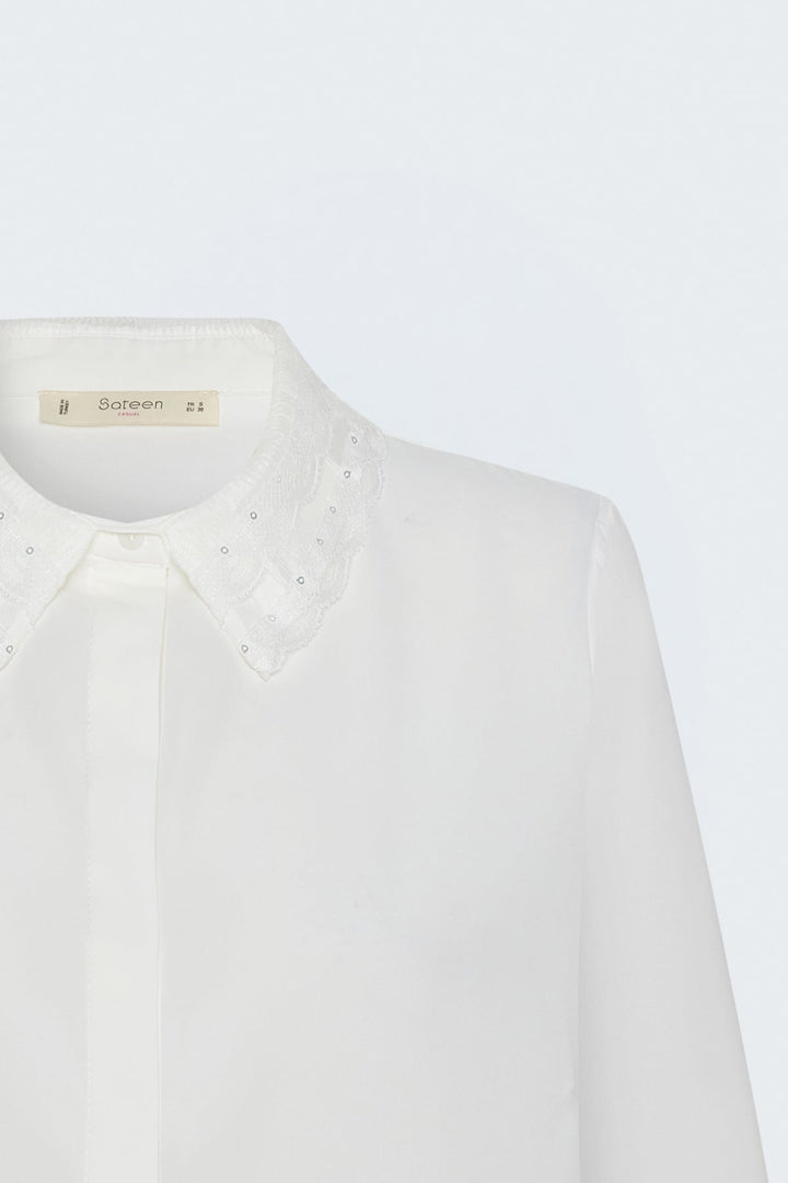 Sateen Chemise classique avec détail de dentelle - Écru