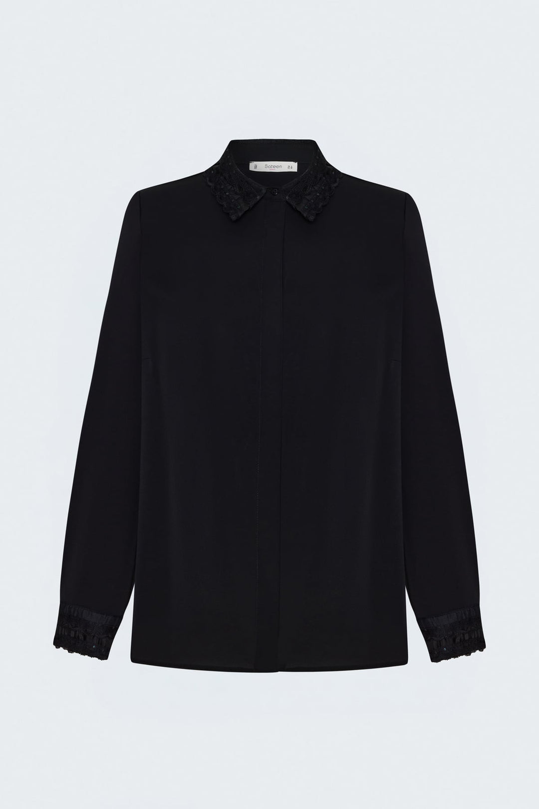 Sateen Chemise classique avec détail de dentelle - Noir