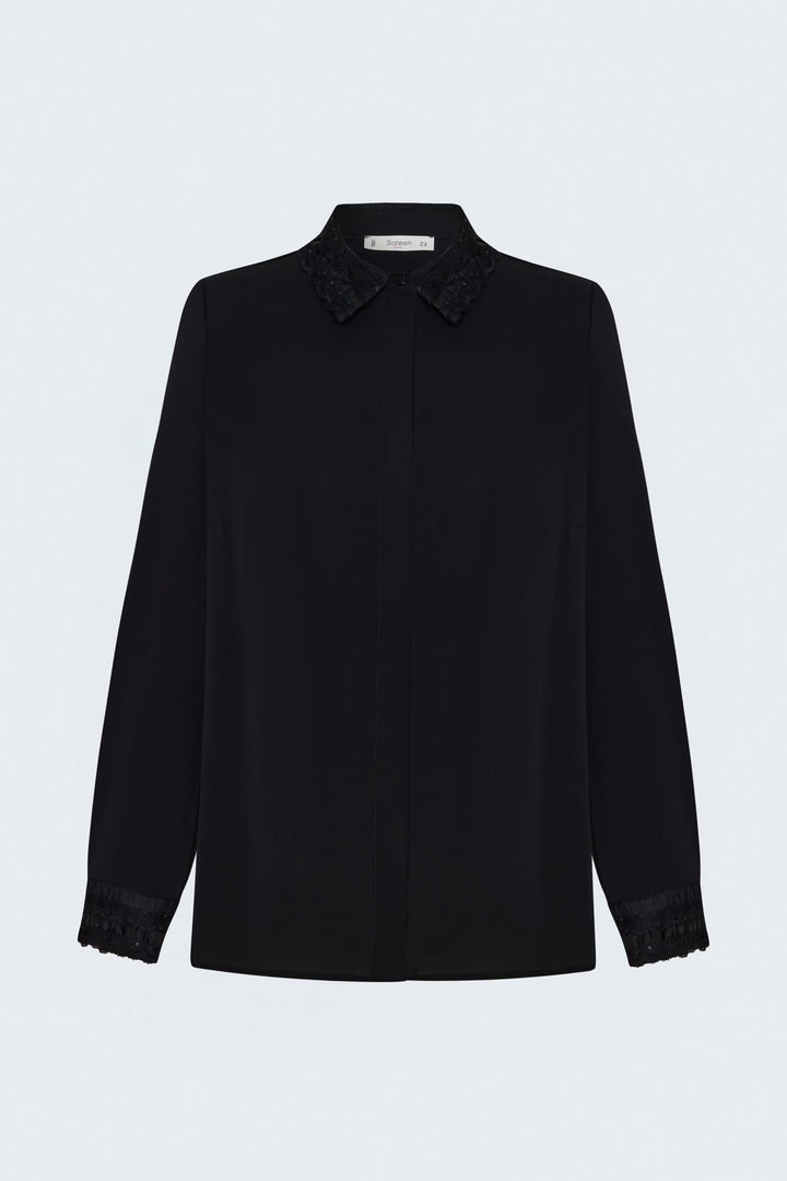 Sateen Chemise classique avec détail de dentelle - Noir