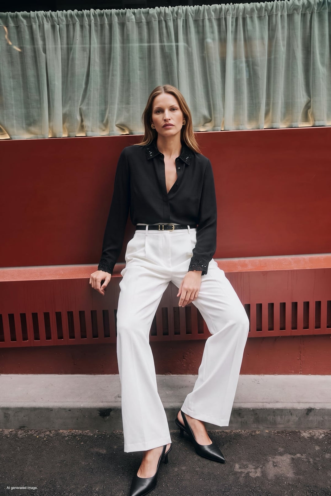 Sateen Chemise classique avec détail de dentelle - Noir