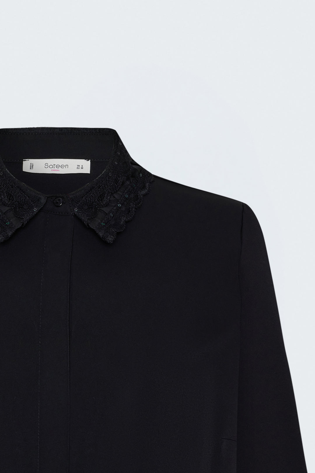 Sateen Chemise classique avec détail de dentelle - Noir