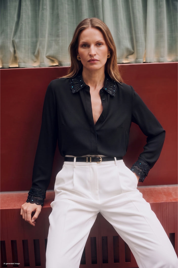 Sateen Chemise classique avec détail de dentelle - Noir