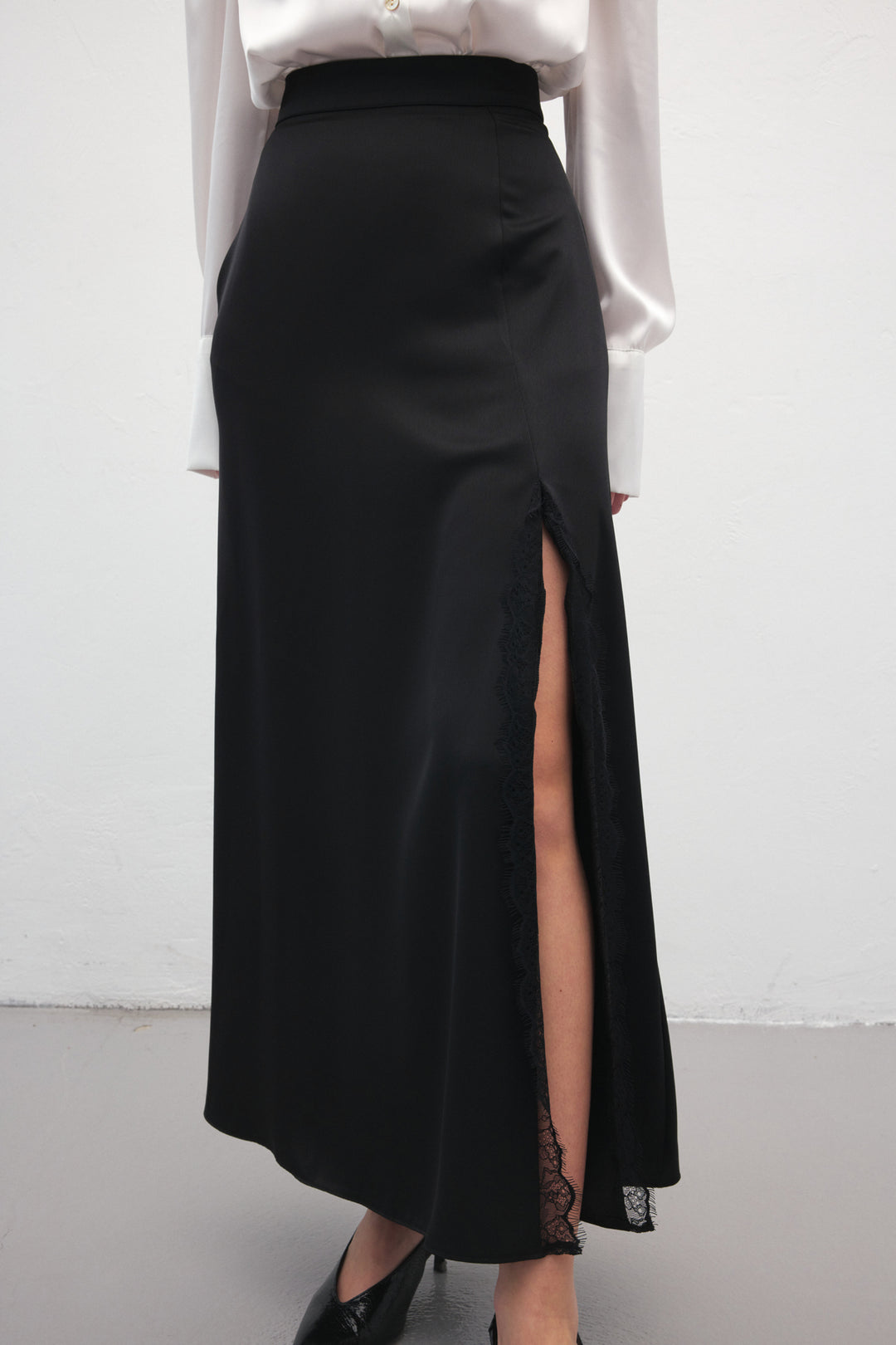 Sateen Jupe en Satin à Détails en Dentelle - Noir