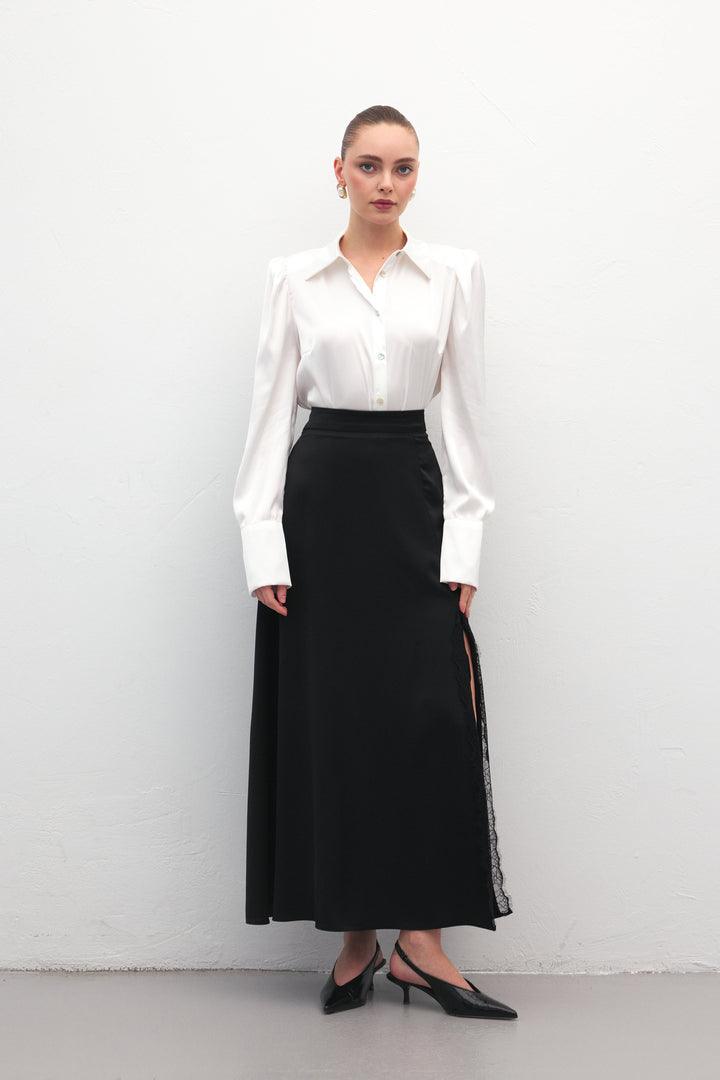 Sateen Jupe en Satin à Détails en Dentelle - Noir