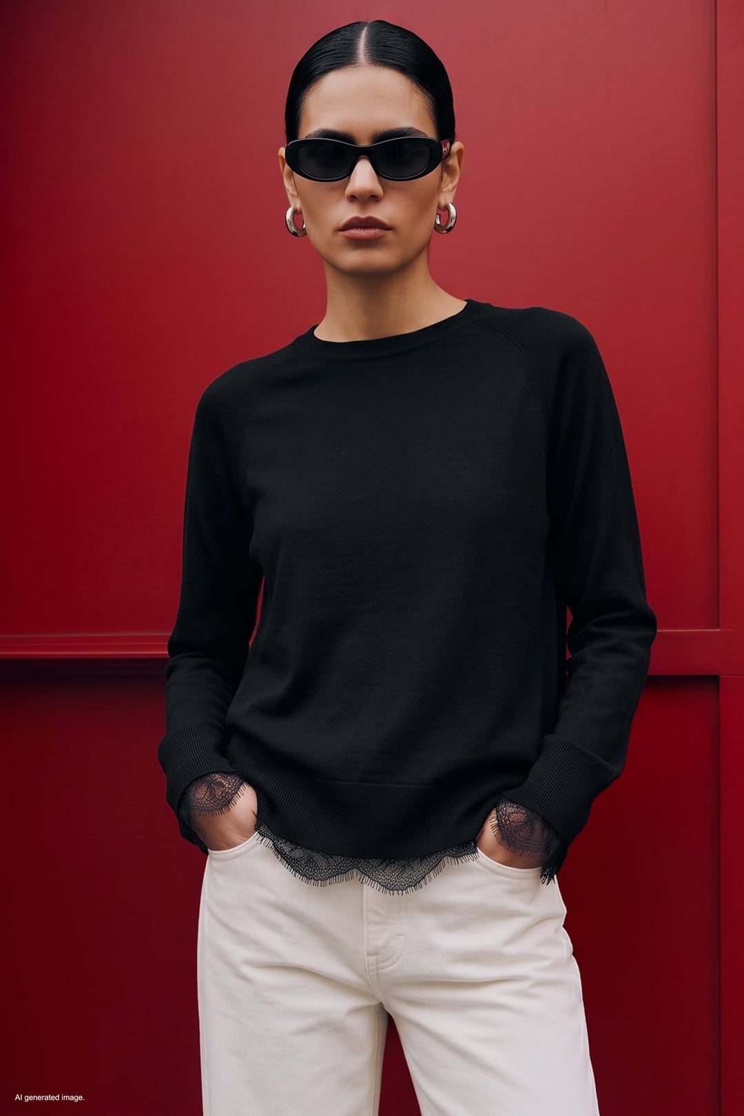 Sateen Pull avec détail de dentelle - Noir