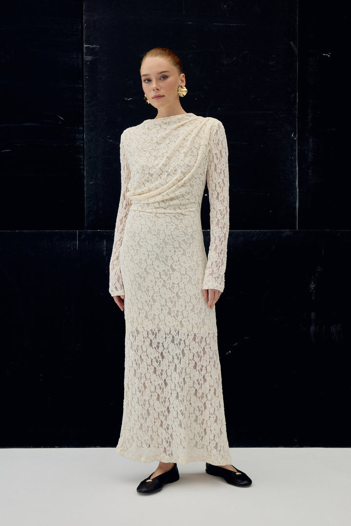 Sateen Robe en Dentelle - Beige