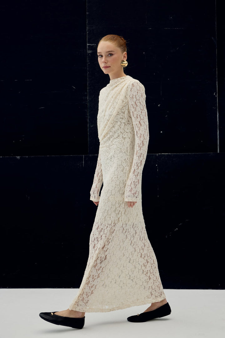 Sateen Robe en Dentelle - Beige