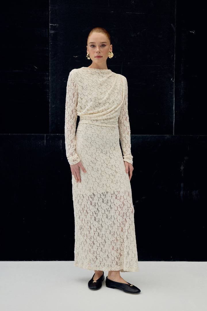 Sateen Robe en Dentelle - Beige